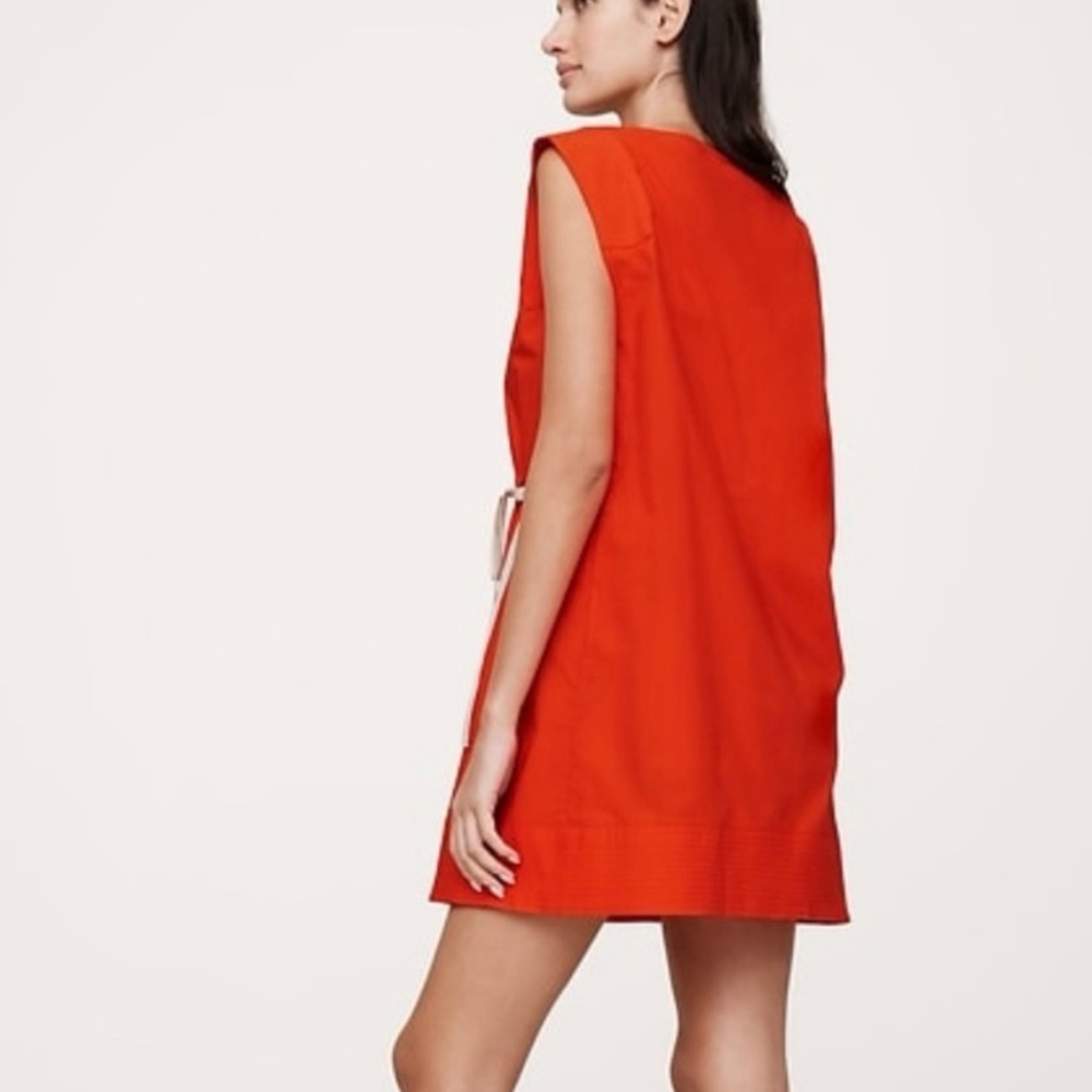 🪅Cotton Poplin red-orange cinch waist cap sleeve Sundress banana republic L - Picture 3 of 8